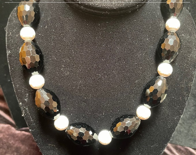 Onyx Black White Faceted Necklace