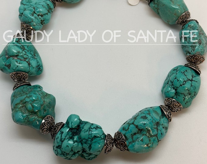 Huge Chunky Turquoise Silver Trimmed Necklace of Turquoise Magnesite