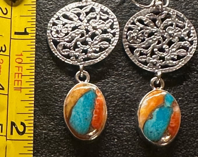 Spiny Oyster Turquoise Sterling Silver Dangling from Sterling Silver Round Filigree Disk