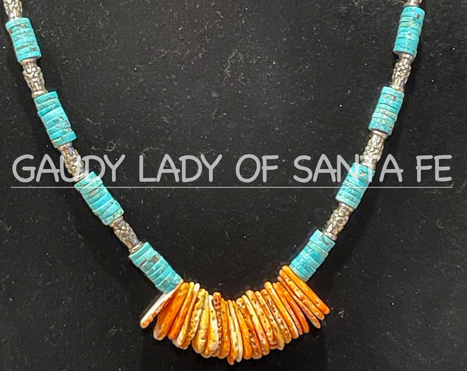 Turquoise Spiny Oyster Teardrops Silver Trim Necklace