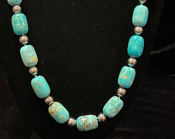 Chunky Turquoise Barrel Necklace Silver Trim