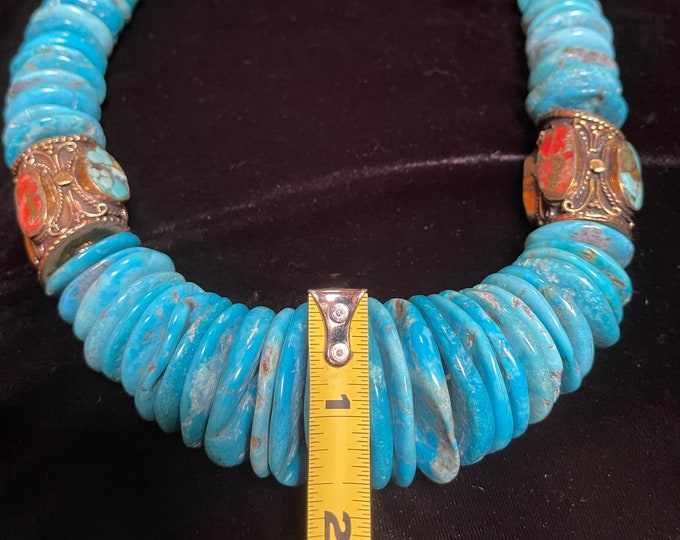 Turquoise  Chunky Necklace Jumbo Disks with Inlaid Barrels