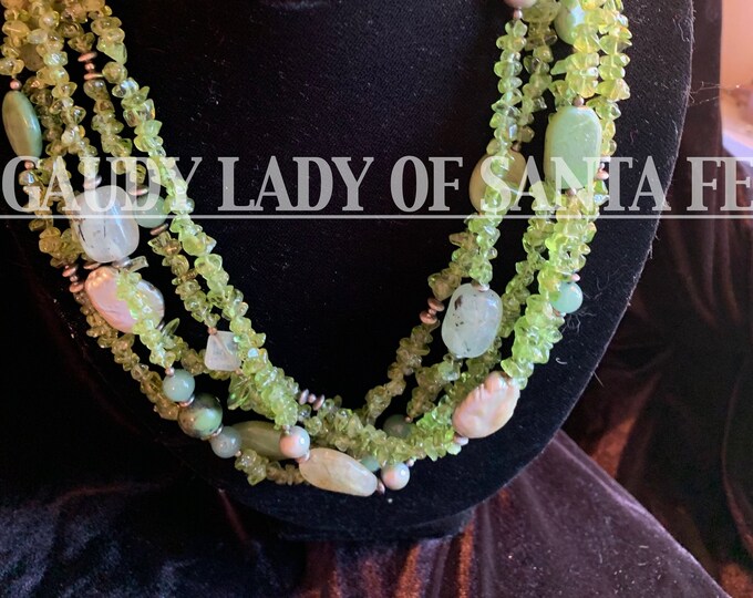 Peridot Necklace Five Strand with Pearl and Prehnite Accents