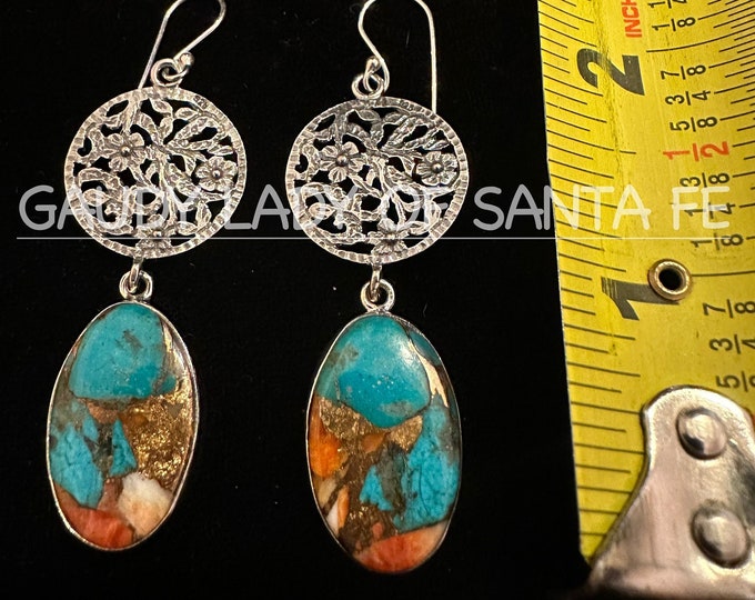 Spiny Oyster Turquoise Sterling Silver Oval Dangle Earrings