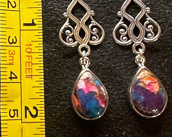 Rainbow Spiny Oyster Turquoise Sterling Silver Dangle Earrings