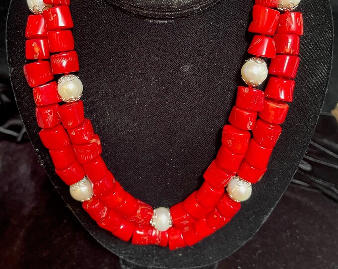 Coral Pearl KnottedTwo Strand Necklace