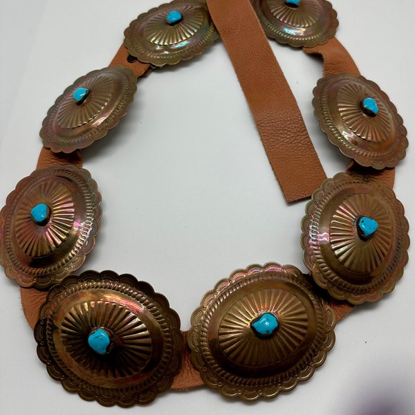 Vintage Brass Turquoise Concho Belt