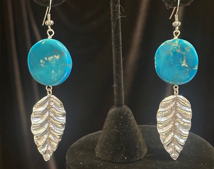 Turquoise Silver Feather Dangle Earrings