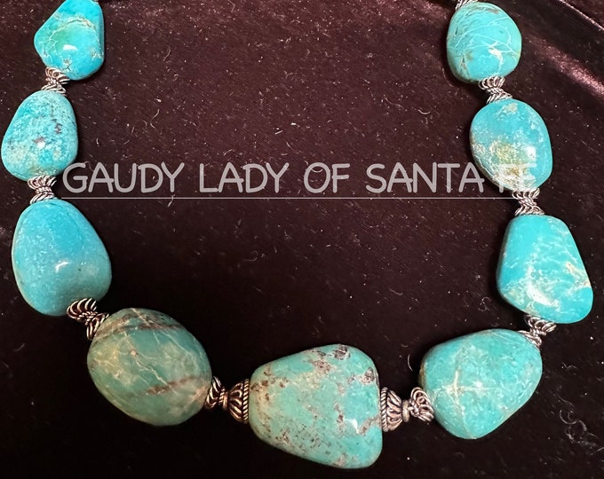 Chunky Turquoise Nugget Necklace Graduated Stones With Sterling Silver Trim