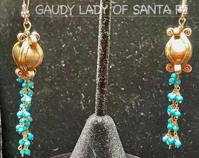 Turquoise Chain Earrings Dangles on Curly-Q Sterling Silver Barrels