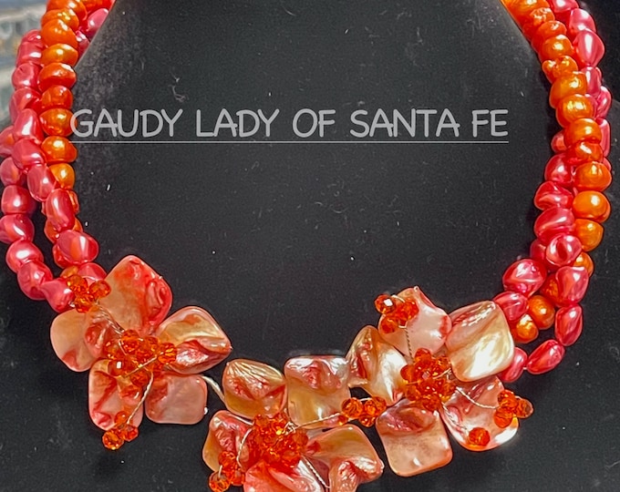 Orange Pearl Flower Chrystal 3 Strand