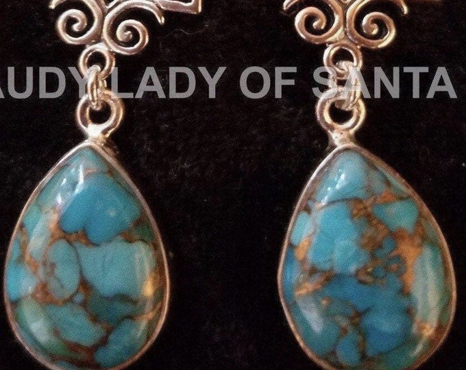 Turquoise Teardrop Earrings of Sterling Silver Filigree, Pear Shaped, Dangle