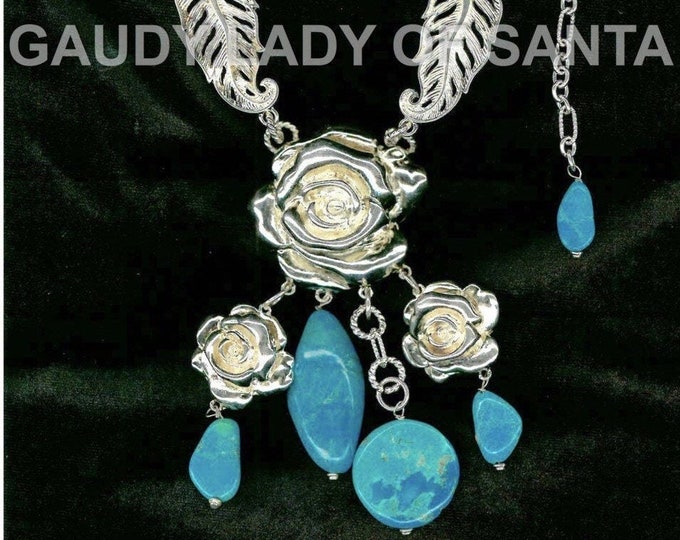 Turquoise Roses Silver Necklace