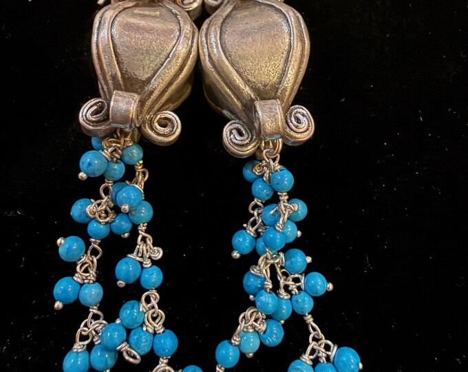 Turquoise Chain Earrings Dangles on Curly-Q Sterling Silver Barrels