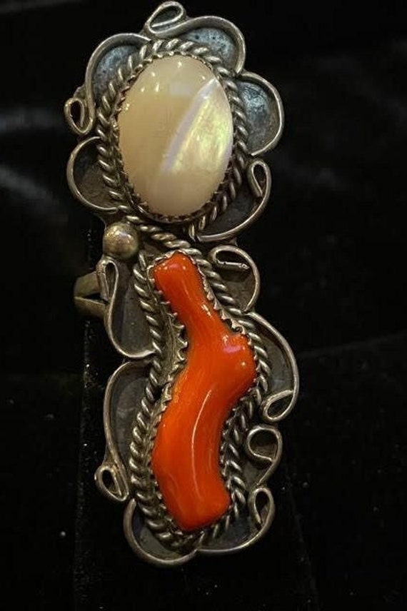 Vintage Coral Mother of Pearl Ring - image 2