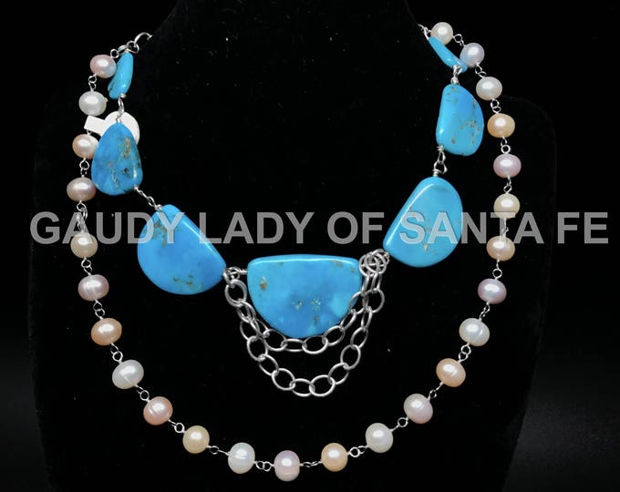 Turquoise Pearls Necklace Silver Chain