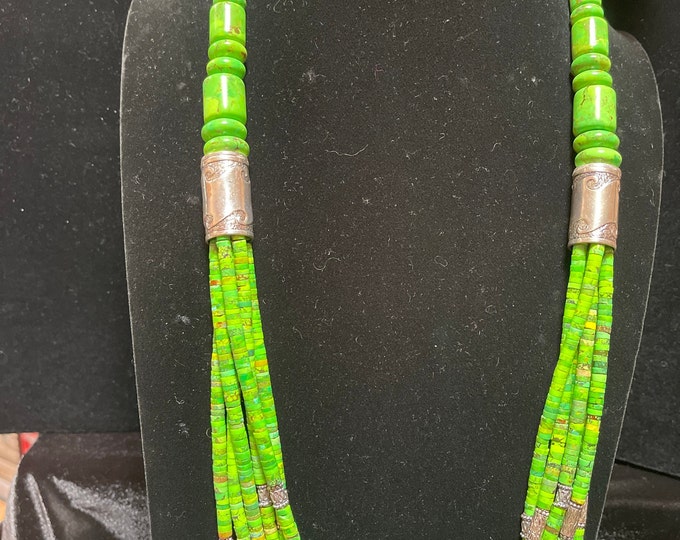 Kingman Green Turquoise, Mojave Green 6 Strand with Silver Barrels