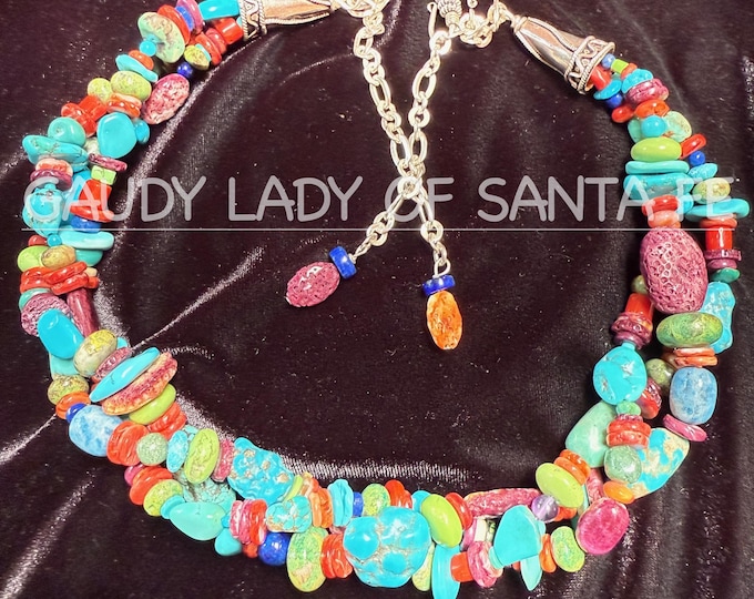 Chunky Turquoise Multi Colored Stones 3 Strand Adjustable