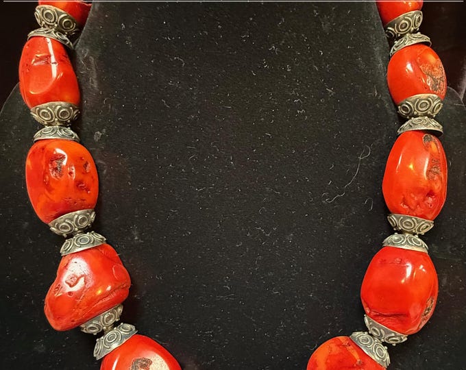 Vintage Coral Graduated Necklace Large Stones, Unique Silver Bead Caps