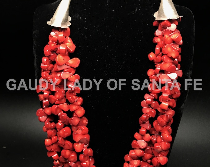 Red Coral Necklace Pear Shape Teardrops 3 Strand  with Sterling Tulip Cones