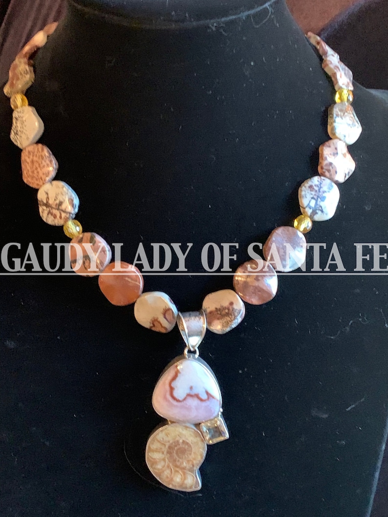 Jasper Ammonite Pendant Necklace with Citrine and Poppy Jasper