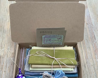 Natural dyed, recycled fabric boxed sewing gift, with needle and 3 dyed yarns for embroidery, boro, slow stitching, bundle perfect birthday