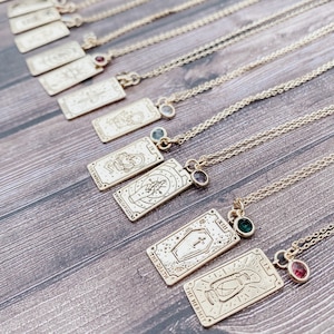 Colliers de cartes de tarot en or avec breloques en pierre de naissance, pendentif tarot, collier de cartes de tarot, breloque en pierre de naissance, collier spirituel, tarot en or