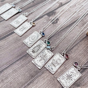 Colliers de cartes de tarot en argent, collier de tarot en pierre de naissance, breloques en pierre de naissance, pendentif tarot, collier de cartes de tarot, collier spirituel