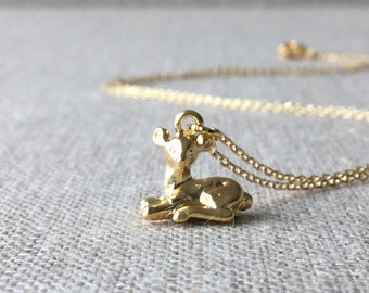 Gold Deer Necklace, gold fawn necklace, gold deer charm jewelry, fawn necklace, gifts for her, Christmas gift, baby deer, stocking stuffer