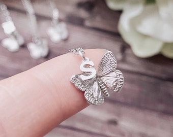 Silver Butterfly Alphabet Necklace, butterfly charm necklace, 3D butterfly charm, personalized necklace, silver charm necklace