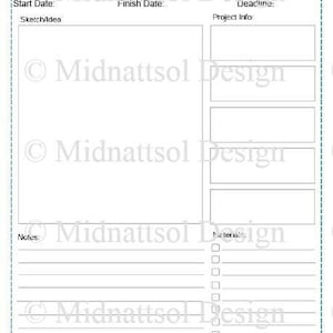 Puede incluir: Un planificador de proyectos imprimible con secciones para la fecha de inicio, la fecha de finalización, la fecha límite, el boceto o la idea, la información del proyecto, las notas y los materiales. El planificador tiene un fondo blanco con texto negro y líneas.