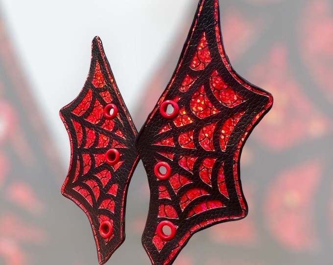 Halloween Shoe Wings Bats/Scales/ SpiderWeb - Holographic Red Vegan Leather Lace-On Metal Eyelets - Gothic Accessories for boots.
