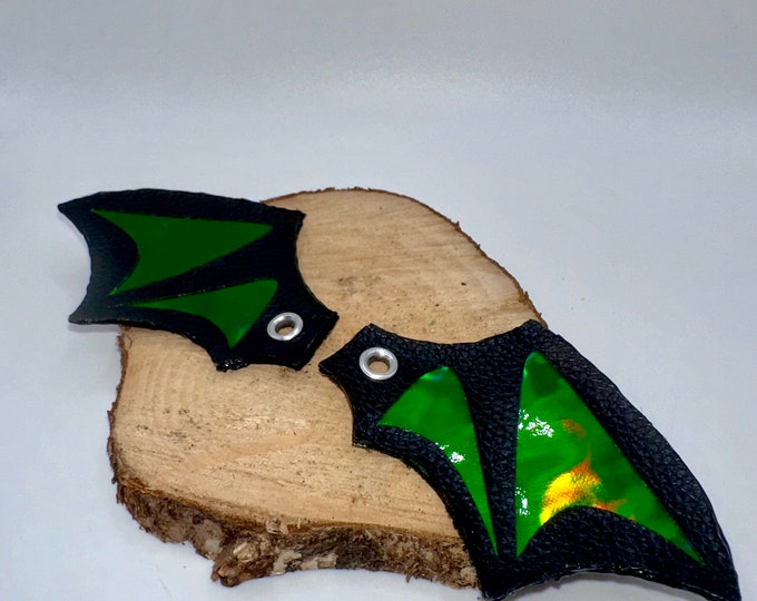 Boot Bats, Holographic Dark Green Vegan Leather Shoe Wings, Spooky wings for Halloween outfit , Alternative Footwear Charms for Goths