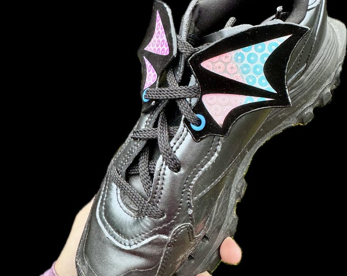 Bat Shaped Shoe Wing Boot Accessories – Holographic Pink & Green Vegan leather. Alternative Fashion for Festivals, Roller Skates and Raves
