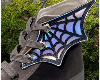 Bat Wing Shoe Wings with Spider Web Detail - Holographic Red and Silver Vegan Leather Lace-On Metal Eyelets - Gothic Accessories for boots.