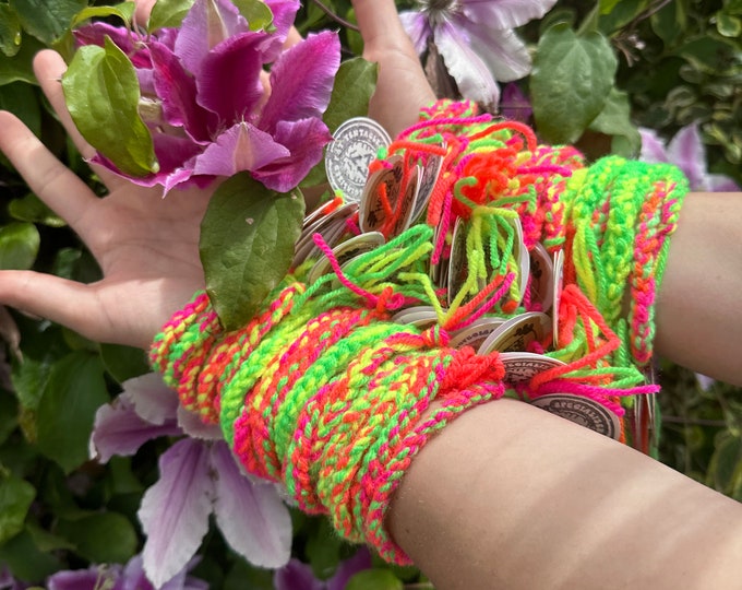 Knitted Neon Wool BFF Stacking Bracelets | UV Glow Yarn Mystery Friendship Festival Accessories for Rave Besties or Pride gifts | Bulk Pack