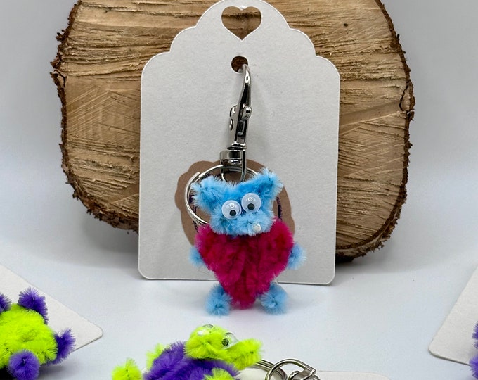 Neon Fluffy Teddy Bear Keyrings with UV Reactive Hearts Pipe Cleaner lucky charm, Miniature creature Rave Outfit keychain, worry bear
