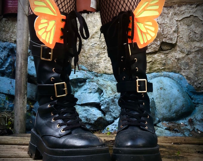 Vibrant Reversible Butterfly Shoe Wings for Laced Boots - Handmade, Vegan Footwear Flutter Accessories, Unique, Colorful, and Eye-catching