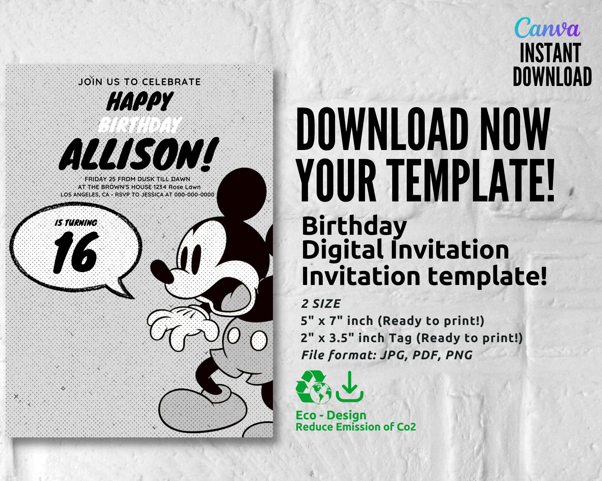 Birthday Invitation, Mickey Mouse Party Invitation, Printable Invitation Template, Thank You Tag ...