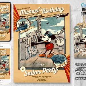 Mickey Mouse Birthday Party Invitation Template, Steamboat Willie Printable Invitation, Phone Invite, Tag, Digital Download