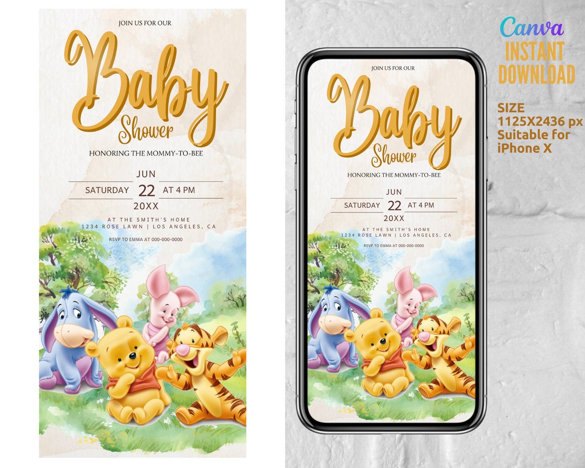 Baby Shower, Winnie the Pooh, Baby Party Invitation, Baby Shower Invitation Template, Mobile