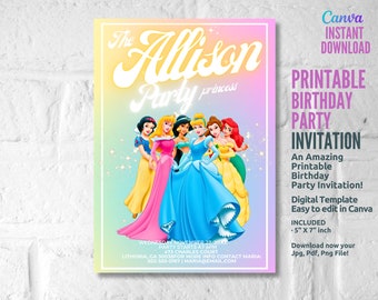 Princess Invitation Birthday Party, Editable Template, Girl Party Invitation, Instant Download