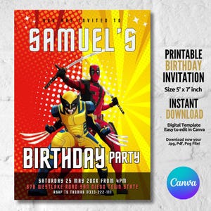Deadpool end Wolverine Birthday Party Invitation, Super Hero Invite, Instant Download