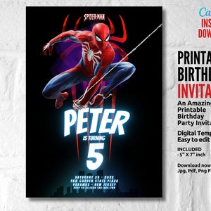 Bearbeitbare Spider Man Geburtstagseinladungsvorlage, druckbare Einladung zur Geburtstagsfeier, digitale Kinderparty einladen, Superheldenkarte