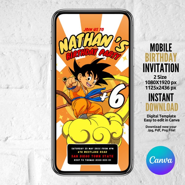 Faire-part d'anniversaire Dragon Ball, modèle modifiable, faire-part de téléphone Goku, téléchargement immédiat, invitation par téléphone