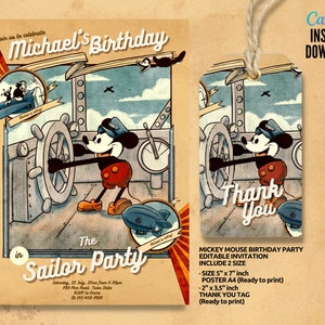 Birthday Invitation, Mickey Mouse Party Invitation, Printable Invitation Template, Thank you Tag Editable
