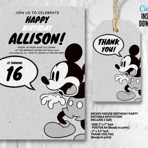 Birthday Invitation, Mickey Mouse Party Invitation, Printable Invitation Template, Thank you Tag Editable