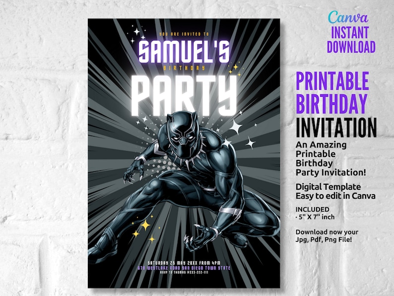 Black Panther, Birthday Party Invitation, Super Hero Invite, Boy Party ...