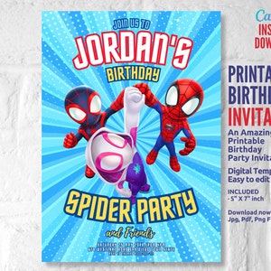 Modelo editável do Homem-Aranha para festa de aniversário, convite para festa de aniversário para impressão, festa infantil digital, download instantâneo