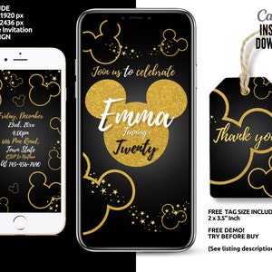 Mickey Mouse Invitation Phone Birthday, Mickey Mouse Thank you Tag, Mickey Mouse Party, Electronic Invite, Phone Invite